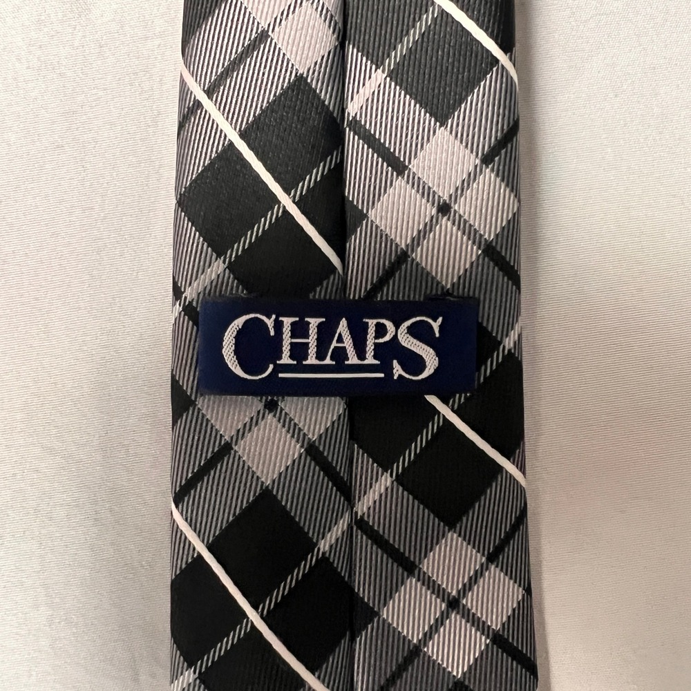 Chaps Men Plaid Necktie Black Grey White Checkered Polyester Formal Tie Standard